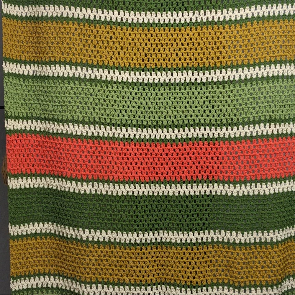 Vintage Handmade Crochet Afghan Throw Blanket Retro Green Orange Yellow Striped
